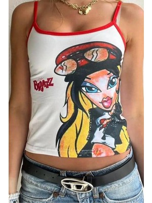 8line Beyaz Bratz Kırmızı Askılı Crop