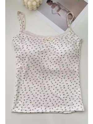 8line Ekru Minik Fiyonk ve Çiçek Desenli Askılı Crop