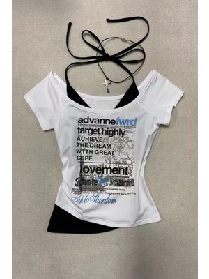 8line Beyaz Target Highly Lovement Madonna Yaka Ek Askılı Kısa Kollu Full Body Crop