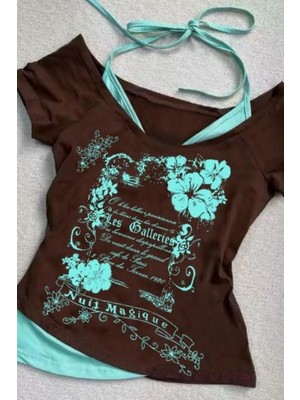 8line Kahverengi Nuit Magique Madonna Yaka Ek Askılı Kısa Kollu Full Body Crop