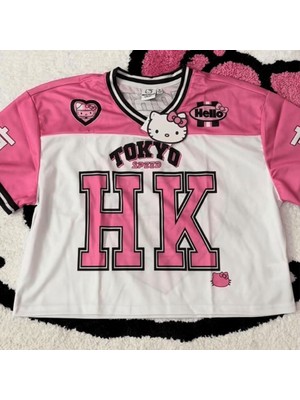 8line Beyaz Hello Kitty Pembe Parçalı Tokyo Speed Hk Kısa Kollu Crop