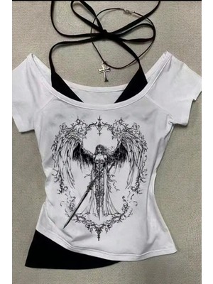 8line Beyaz Sword Warriror Angel Madonna Yaka Ek Askılı Kısa Kollu Full Body Crop
