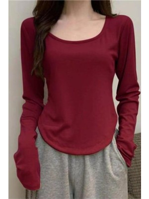 8line Bordo Basic Uzun Kollu Crop