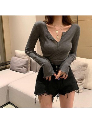 8line Füme Düğmeli Yaka Kadın Uzun Kollu Crop