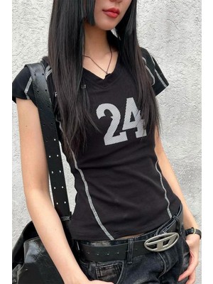 8line Siyah Harajuku Ters Dikiş 24 Baskılı Gotik Y2K Kısa Kollu Crop