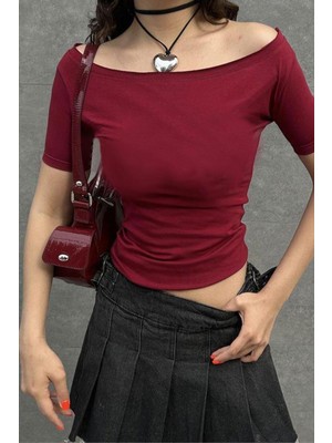 8line Bordo Madonna Yaka Kısa Kollu Crop Bluz
