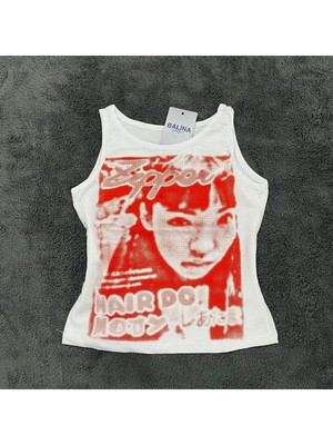 8line Kırmızı Piksel Kolaj Sıfır Kollu Bluz