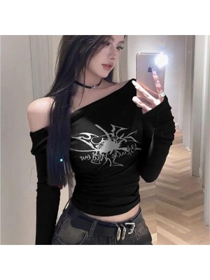 8line Siyah Black Widow Omuzu Açık Spider Uzun Kollu Crop