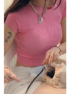 8line Pembe Motor Cycle Kısa Kollu Crop