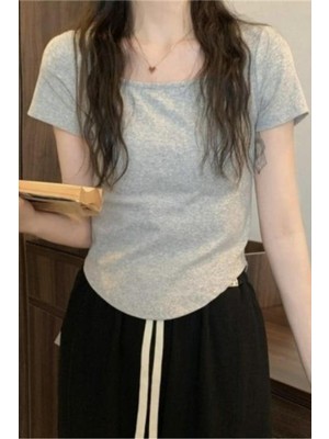 8line Gri Melanj Basic Kısa Kollu Crop