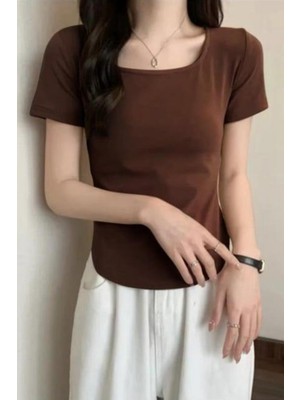 8line Kahverengi Basic Kısa Kollu Crop