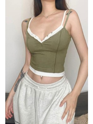 8line Haki Ek Parçalı Gotik Y2K Yeşil Çift Askılı Crop