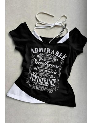 8line Siyah Admirable Madonna Yaka Ek Askılı Kısa Kollu Full Body Crop