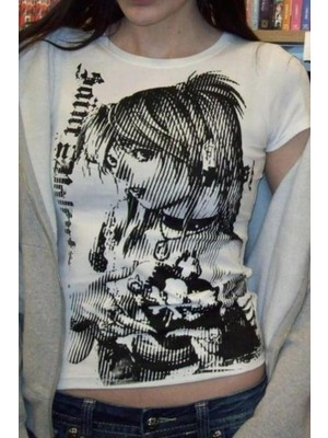8line Beyaz Vintage Anime Misa Amane Saint Kısa Kollu Crop