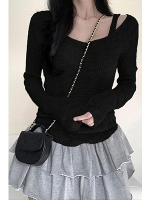 8line Siyah Ek Askılı Madonna Yaka Harajuku Y2K Uzun Kollu Crop