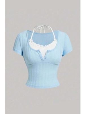 8line Mavi Bağlamalı Kurdeleli Beyaz Ek Yakalı Kısa Kollu Crop