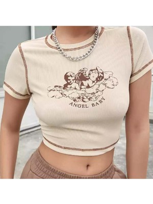 8line Harajuku Fashion Angel Baby Bej Yarım T-Shirt