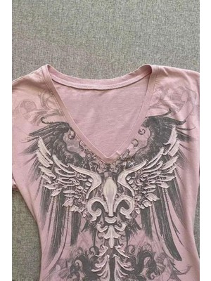 8line Pembe Gothic Wing Kısa Kollu Crop
