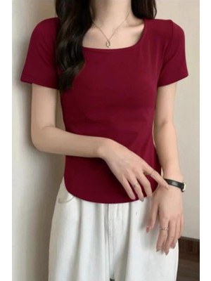 8line Bordo Basic Kısa Kollu Crop
