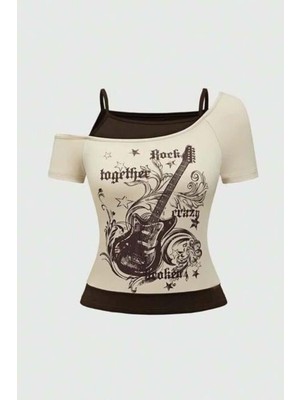 8line Bej Rock Together Brown Guitar Ek Askılı Kısa Kollu Full Body Crop