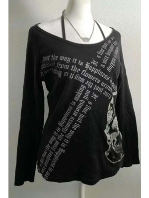 8line Siyah Gotik Skull Askılı Y2K Uzun Kollu Crop