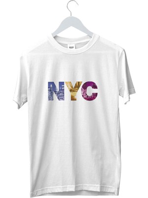 Machi Makiteks Kadın Erkek Unisex Yetişkin New York City Nyc Baskılı Pamuklu Beyaz Tshirt