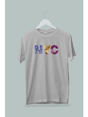 Machi Makiteks Kadın Erkek Unisex Yetişkin New York City Nyc Baskılı Pamuklu Gri Tshirt