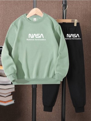Lepold 3 Iplik Üst Mint Alt Siyah Nasa Baskılı Kız/erkek Oversize Sweatsihrt & Eşofman Takım