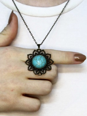 Esha Doğal Taş Firuze Doğal Taşlı Otantik Kadın Kolye 45 cm Zincirli EUK19F