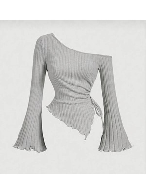 StockMount Kadın Gri Asimetrik Düşük Omuz Ispanyol Kol Büzgü Detaylı Triko Bluz