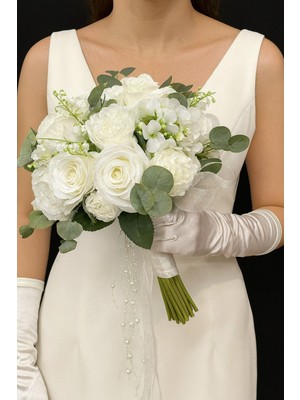 Belirtilmemiş Beyaz Gelin Buketi Yapay Gül Şakayık Inci ve Kurdele Detaylı