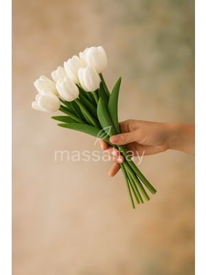 Belirtilmemiş Beyaz Lale Buketi 7’li – Gerçekçi Dekoratif Yapay Çiçek Aranjmanı, Masa ve Ev Süsü