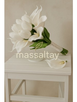 Massaltay Beyaz Çağla Lilyum ve Lale Gelin Buketi – Düğün, Nişan, Söz, Kına Çiçek Aksesuarı