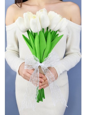 Massaltay Beyaz Lale Gelin Buketi Dantel Kurdeleli Dekoratif Yapay Çiçek
