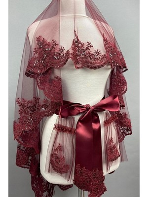 Belirtilmemiş Bordo Lüx Güpürlü Kına Örtüsü Takımı Duvak