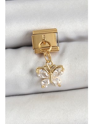 Epilons 316L Çelik Sallantılı Zirkon Taşlı Kelebek Model Gold Renk Nomination Charm - TJ-BC1434