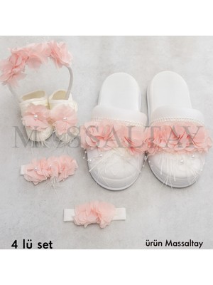 Massaltay Pembe Çiçekli Tüylü Lohusa Seti – Anne Terliği, Taç, Bandana ve Patik 4’lü Set