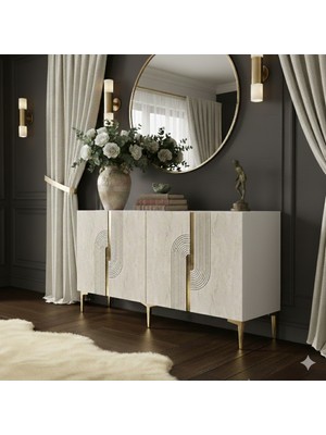 Yumedi Design KA1516BTG - Dünya Konsol, Tv Sehpası, Çok Amaçlı Dolap ve Kahve Köşesi 150CM Beyaz-Traverten-Gold