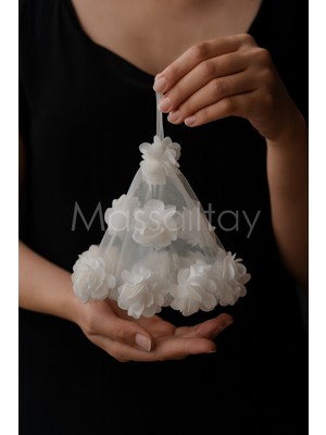 Massaltay Beyaz Çiçekli Tüllü Halay Mendili – Kına, Düğün, Nişan ve Eğlence Aksesuarı