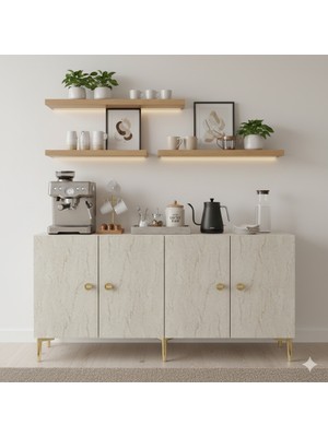 Yumedi Design KA1517BT - Squarel Konsol, Tv Sehpası, Çok Amaçlı Dolap ve Kahve Köşesi 150CM Beyaz-Traverten