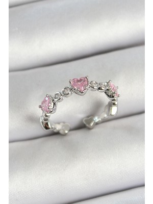 Epilons Pirinç Sıralı Kalp Figürlü Zirkon Taşlı Gümüş Renk Ayarlanabilir Kadın Yüzük - TJ-BYK3757