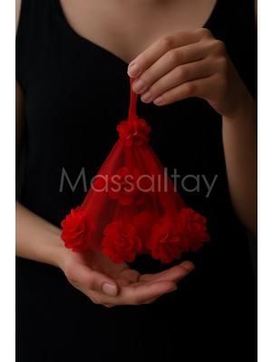 Massaltay Kırmızı Çiçekli Tüllü Halay Mendili – Kına, Düğün, Nişan ve Eğlence Aksesuarı