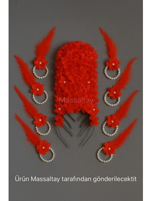 Massaltay Kırmızı Çiçekli Gelin Nedime Tacı ve Tüylü Inci Bileklik Seti – Kına Gecesi , Düğün Aksesuarı