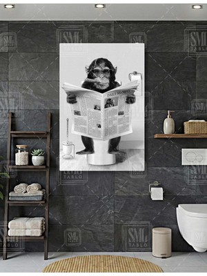 SML Tablo Klozette Gazete Okuyan Maymun Tuvalet Komik Şempanze Banyo Dekor Dikey Kanvas Tablo