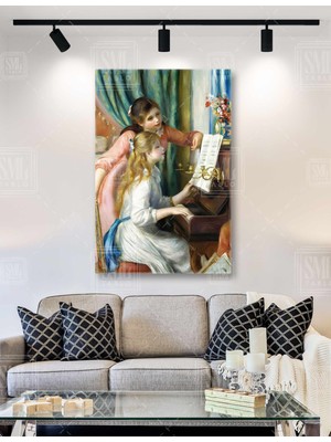 SML Tablo Piyano Çalan Sarı Saçlı Kız ve Müzik Öğretmeni Nostaljik Dikey Kanvas Tablo