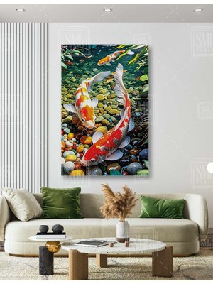 SML Tablo Janapese Koi Fish Göl Denizde Yüzen Japon Koi Balığı Kırmızı ve Beyaz Dikey Kanvas Tablo