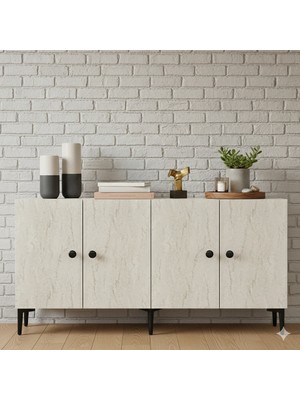 Yumedi Design KA1518BT - Sherifa Konsol, Tv Sehpası, Çok Amaçlı Dolap ve Kahve Köşesi 150CM Beyaz-Traverten