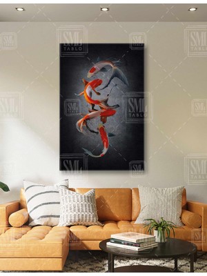 SML Tablo Koi Fish Göl Denizde Yüzen Japon Koi Balığı Kırmızı ve Beyaz Sea Dikey Kanvas Tablo