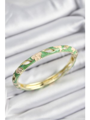 Epilons Mineli Pirinç Yeşil Ve Krem Çiçek Motifli Gold Renk Kadın Kelepçe - TJ-BB7371