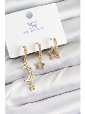 Epilons Pirinç Zİrkon Taşlı Ay Ve Hilal Model Gold Renk 3'lü Kadın Küpe - TJ-BKP10942